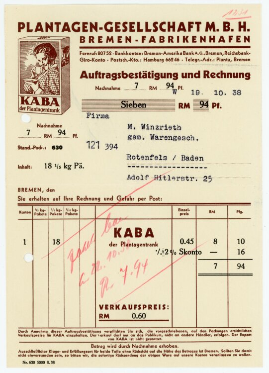 Plantagen-Gesellschaft M.B.H. Bremen-Fabrikenhafen  - Rechnung  - 19.10.1938