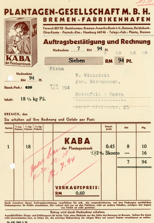 Plantagen-Gesellschaft M.B.H. Bremen-Fabrikenhafen  - Rechnung - 16.12.1938