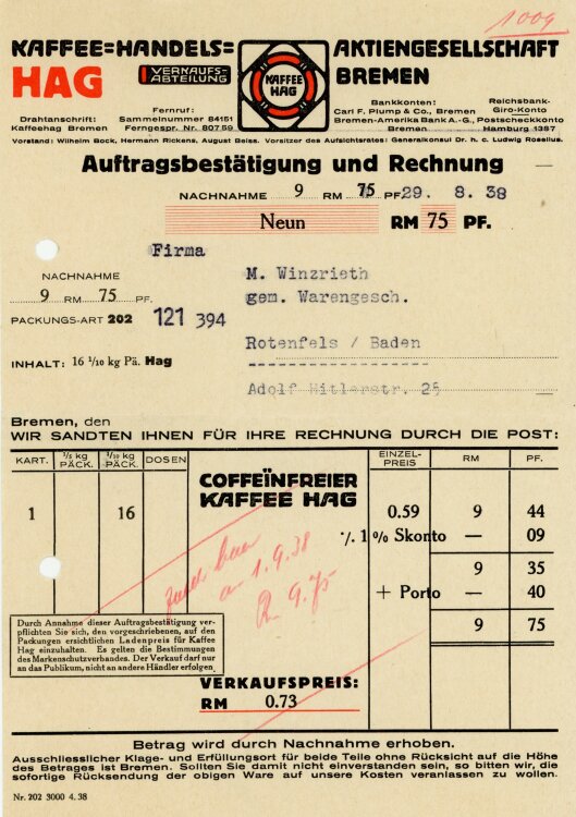 HAG Kaffee-Handels-Aktiengesellschaft Bremen  - Rechnung - 29.08.1938