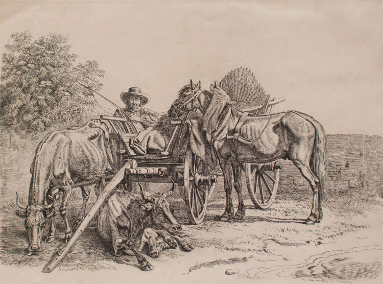 Johann Adam Klein - Ratsender Bauer mit Heuwagen und Tieren - 1834 - Kupferstich