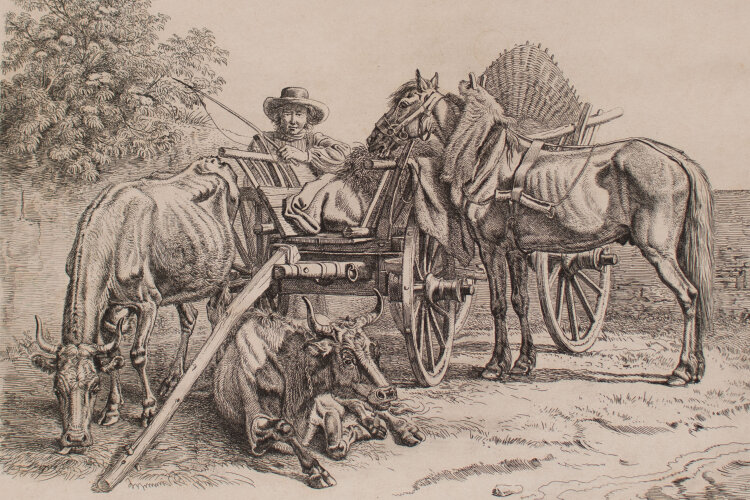 Johann Adam Klein - Ratsender Bauer mit Heuwagen und Tieren - 1834 - Kupferstich