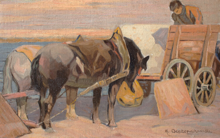Heinrich Oesterschmidt - Pferdefuhrwerk am Strand - o.J. - Öl auf Holz