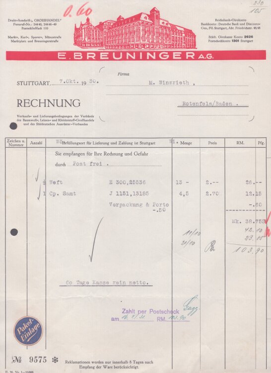 E Breuniger AG - Rechnung - 07.10.1930