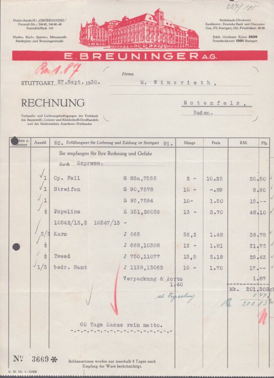 E Breuniger AG - Rechnung - 27.09.1930