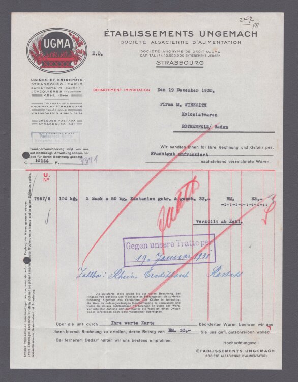 Etablissements Ungemach - Rechnung - 19.12.1930