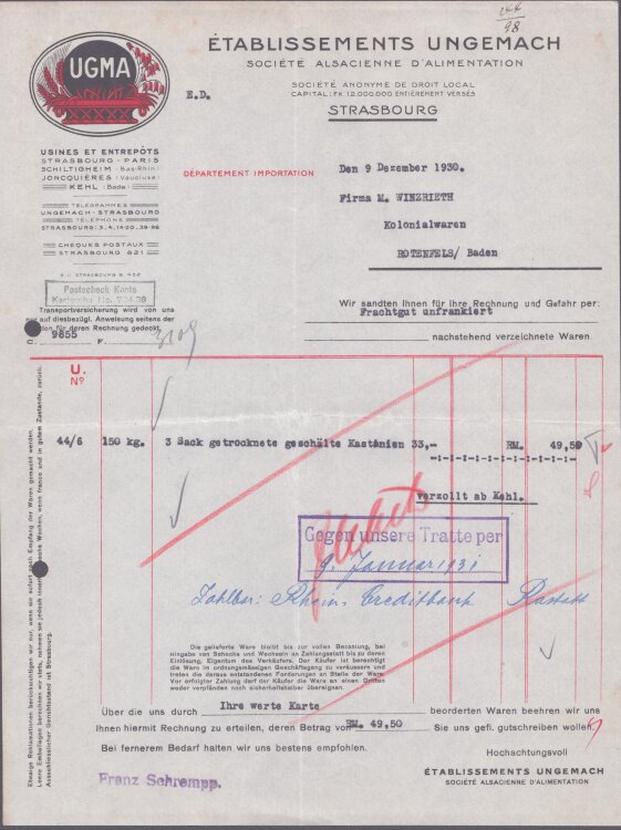 Etablissements Ungemach - Rechnung - 09.12.1930