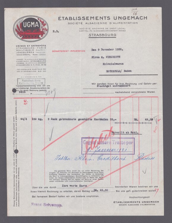 Etablissements Ungemach - Rechnung - 09.12.1930