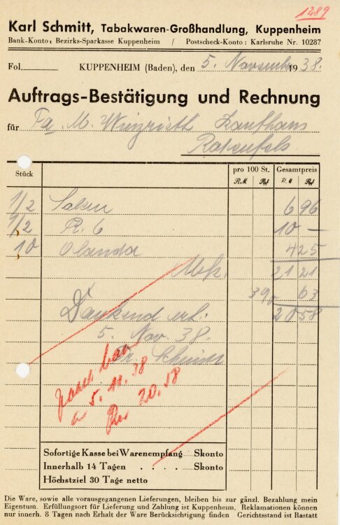 Karl Schmitt, Tabakwaren-Großhandlung, Kuppenheim - Rechnung  - 05.11.1938