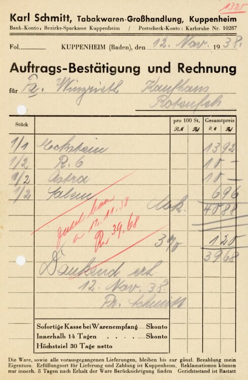 Karl Schmitt, Tabakwaren-Großhandlung, Kuppenheim  - Rechnung  - 12.11.1938