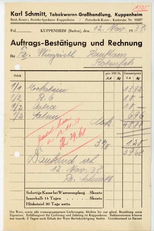 Karl Schmitt, Tabakwaren-Großhandlung, Kuppenheim  - Rechnung  - 12.11.1938