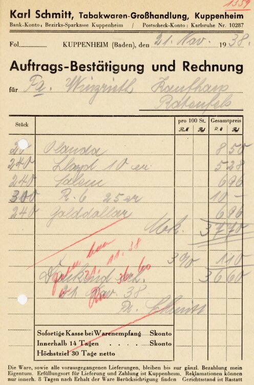 Karl Schmitt, Tabakwaren-Großhandlung, Kuppenheim  - Rechnung  - 21.11.1938