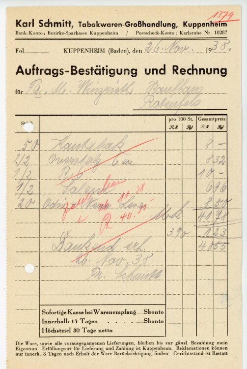 Karl Schmitt, Tabakwaren-Großhandlung, Kuppenheim  - Rechnung  - 26.11.1938