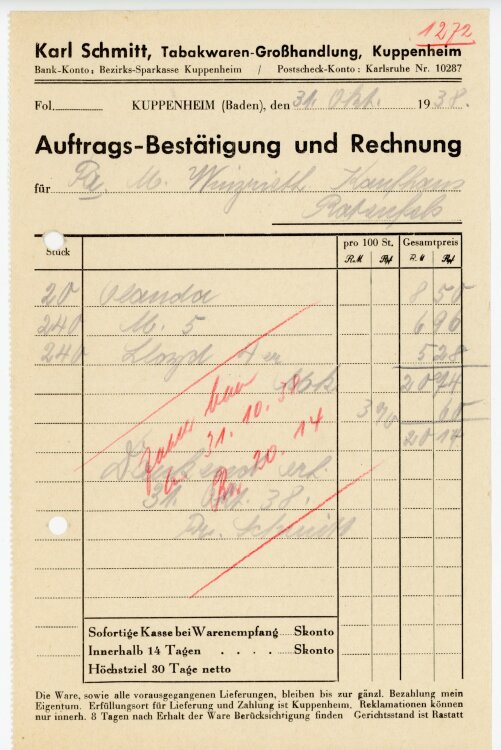 Karl Schmitt, Tabakwaren-Großhandlung, Kuppenheim  - Rechnung  - 31.10.1938