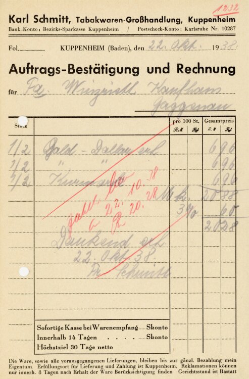 Karl Schmitt, Tabakwaren-Großhandlung, Kuppenheim  - Rechnung - 22.10.1938