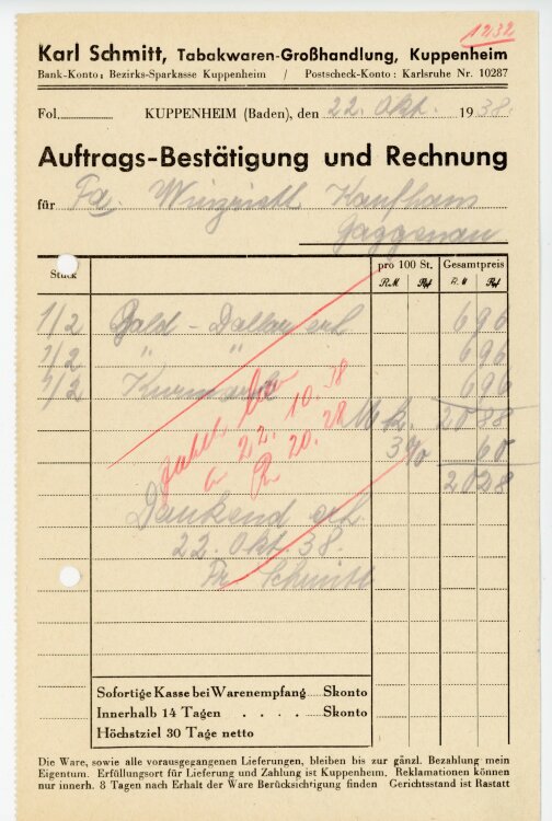 Karl Schmitt, Tabakwaren-Großhandlung, Kuppenheim  - Rechnung - 22.10.1938