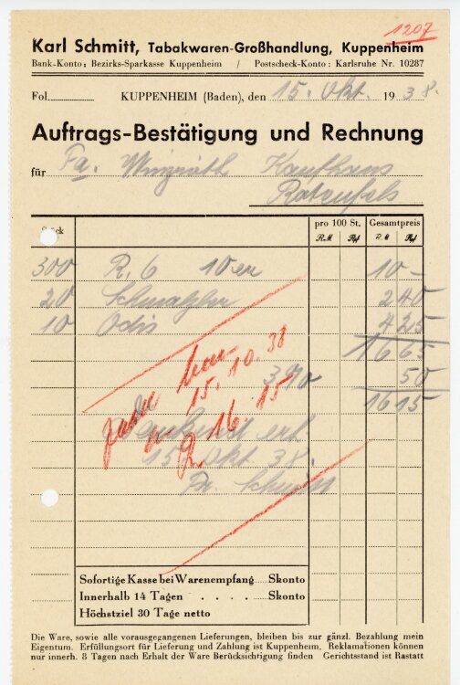 Karl Schmitt, Tabakwaren-Großhandlung, Kuppenheim  - Rechnung  - 15.10.1938