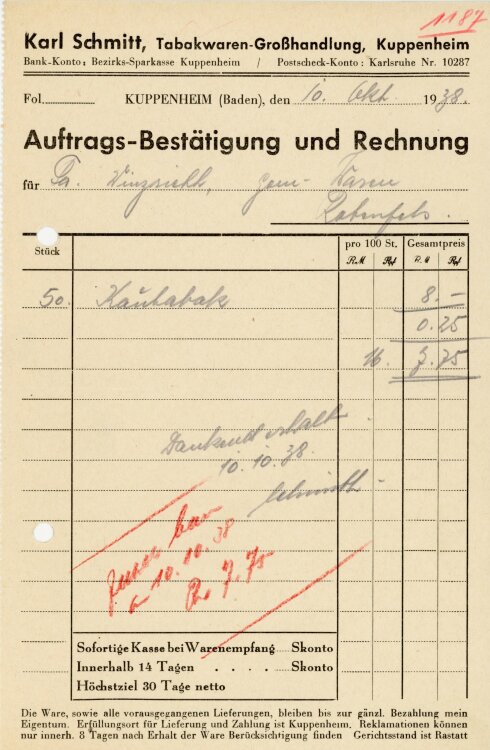 Karl Schmitt, Tabakwaren-Großhandlung, Kuppenheim  - Rechnung - 10.10.1938