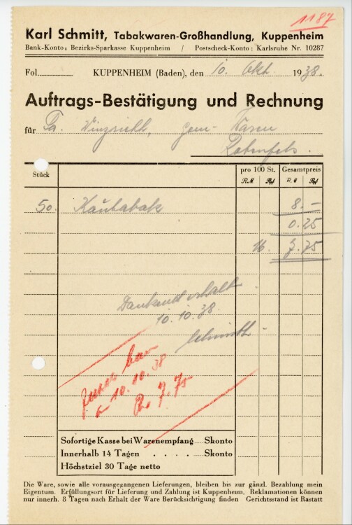 Karl Schmitt, Tabakwaren-Großhandlung, Kuppenheim  - Rechnung - 10.10.1938