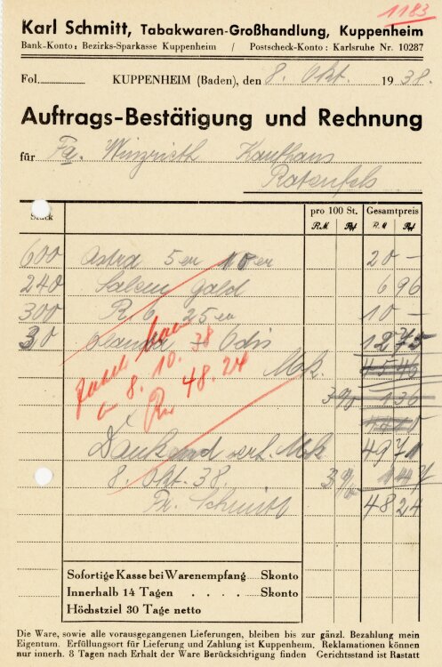 Karl Schmitt, Tabakwaren-Großhandlung, Kuppenheim  - Rechnung  - 08.10.1938