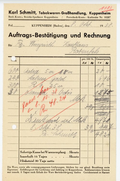 Karl Schmitt, Tabakwaren-Großhandlung, Kuppenheim  - Rechnung  - 08.10.1938