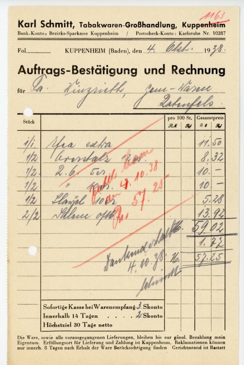 Karl Schmitt, Tabakwaren-Großhandlung, Kuppenheim  - Rechnung - 04.10.1938