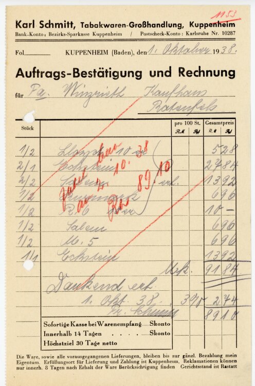 Karl Schmitt, Tabakwaren-Großhandlung, Kuppenheim  - Rechnung  - 01.10.1938