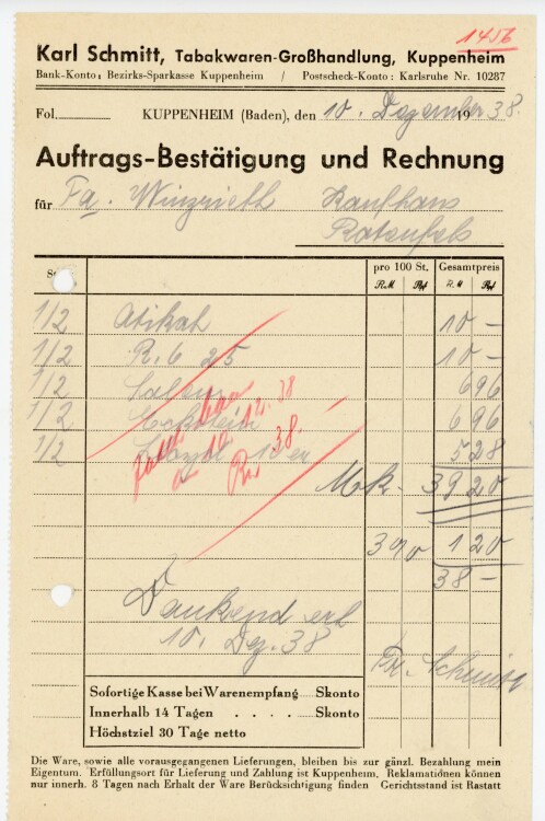 Karl Schmitt, Tabakwaren-Großhandlung, Kuppenheim  - Rechnung - 10.12.1938