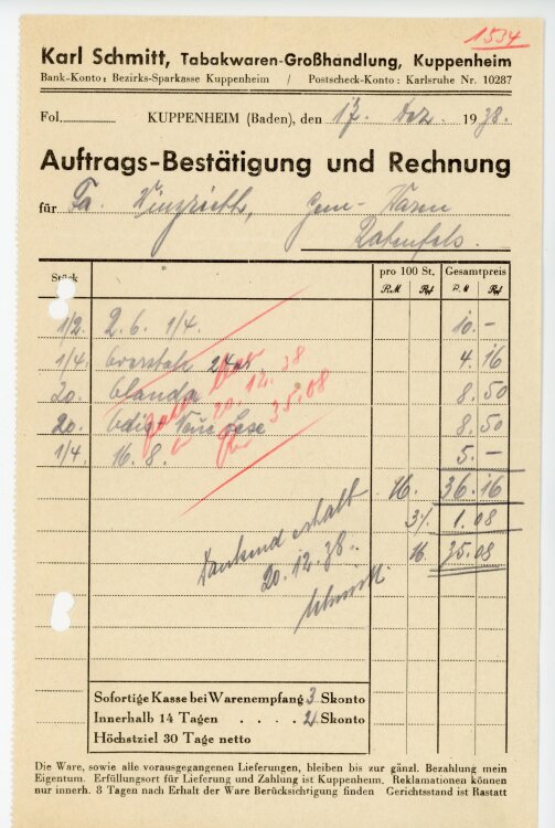 Karl Schmitt, Tabakwaren-Großhandlung, Kuppenheim  - Rechnung  - 17.12.1938