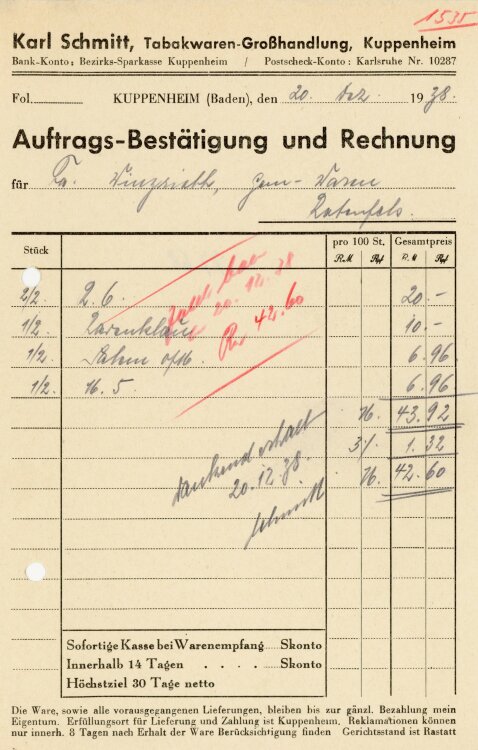 Karl Schmitt, Tabakwaren-Großhandlung, Kuppenheim  - Rechnung  - 20.12.1938