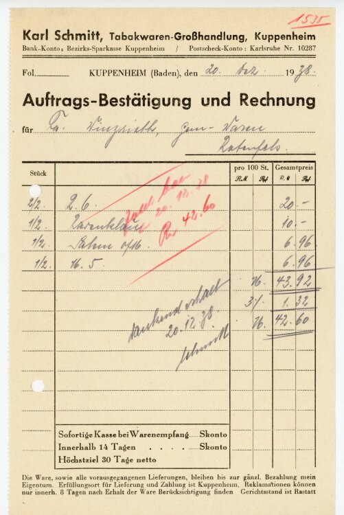 Karl Schmitt, Tabakwaren-Großhandlung, Kuppenheim  - Rechnung  - 20.12.1938