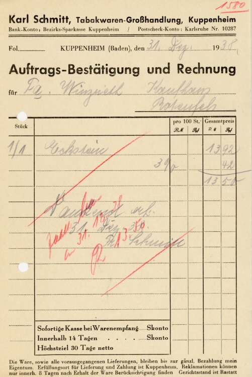 Karl Schmitt, Tabakwaren-Großhandlung, Kuppenheim  - Rechnung  - 3112.1938