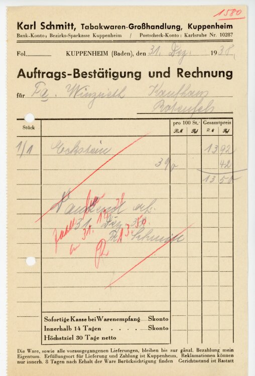 Karl Schmitt, Tabakwaren-Großhandlung, Kuppenheim  - Rechnung  - 3112.1938