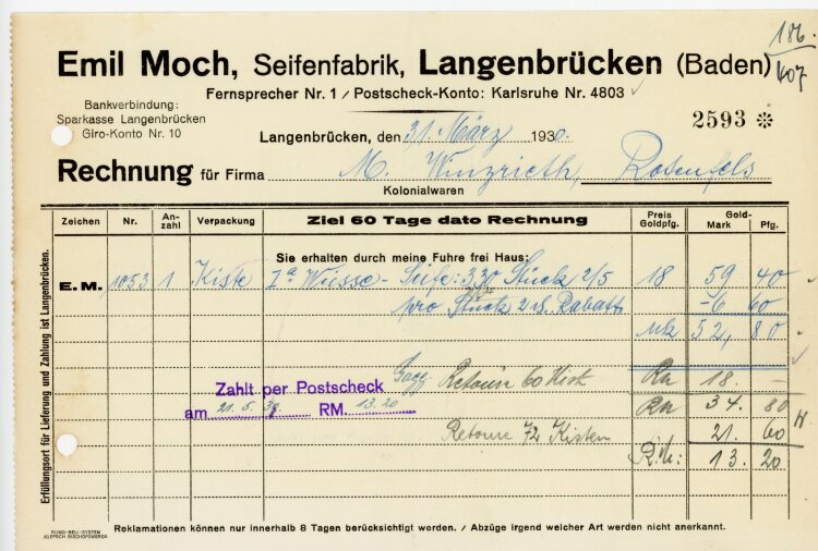 Emil Moch, Seifenfabrik, Langenbrücken - Rechnung  - 31.01.930