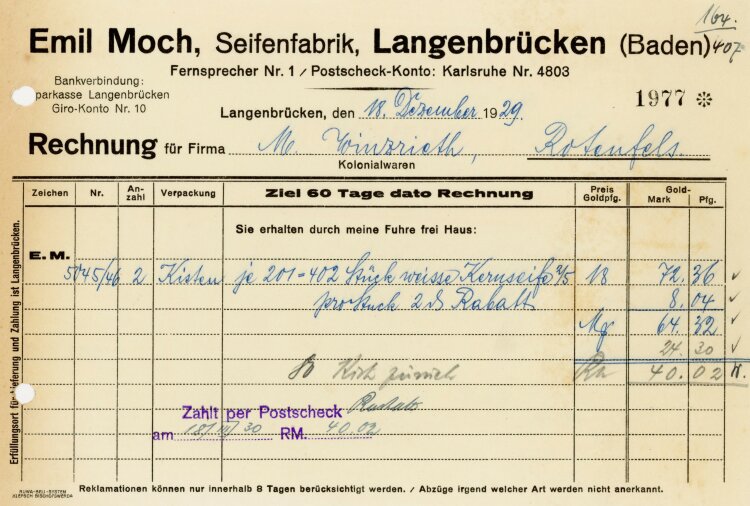 Emil Moch, Seifenfabrik, Langenbrücken  - Rechnung - 18.12.1929