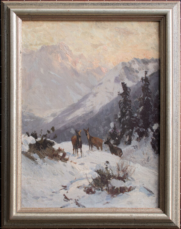 Julius Arthur Thiele - Rehe in winterlicher Berglandschaft - o.J. - Öl auf Malpappe