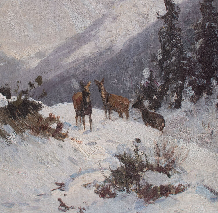 Julius Arthur Thiele - Rehe in winterlicher Berglandschaft - o.J. - Öl auf Malpappe