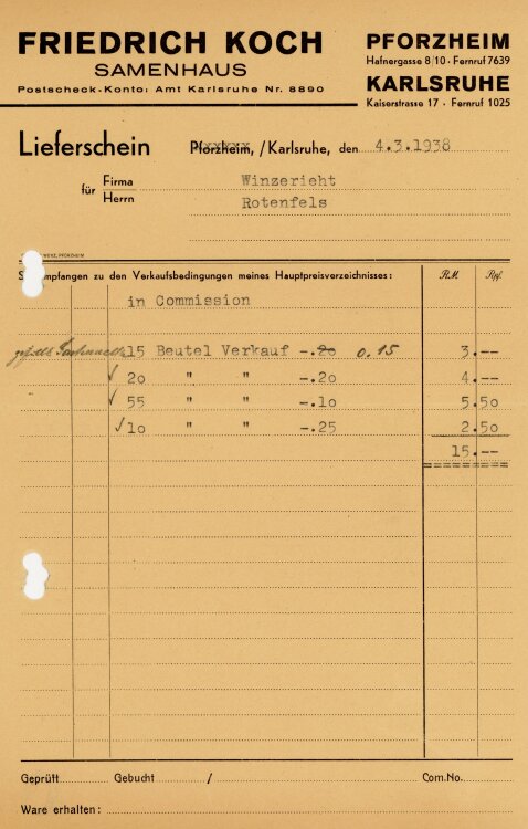 Friedrich Koch Samenhaus  - Rechnung  - 04.03.1938