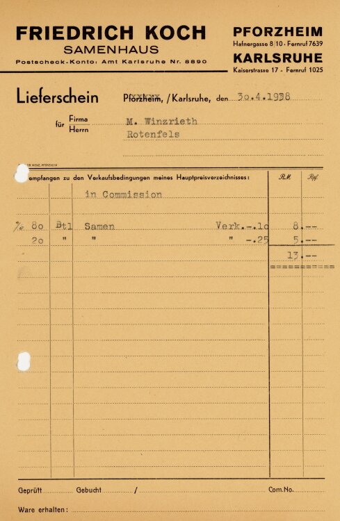 Friedrich Koch Samenhaus  - Rechnung - 30.04.1938
