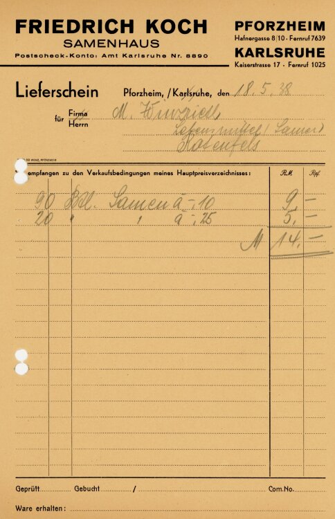 Friedrich Koch Samenhaus  - Rechnung  - 18.05.1938