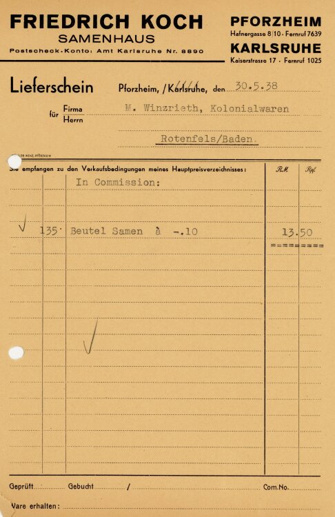 Friedrich Koch Samenhaus  - Rechnung  - 30.05.1938