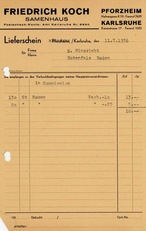 Friedrich Koch Samenhaus  - Rechnung - 11.07.1938