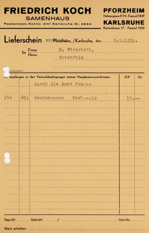 Friedrich Koch Samenhaus  - Rechnung  - 05.09.1938