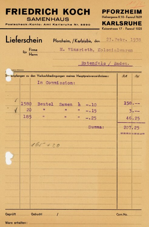 Friedrich Koch Samenhaus  - Rechnung  - 23.02.1938
