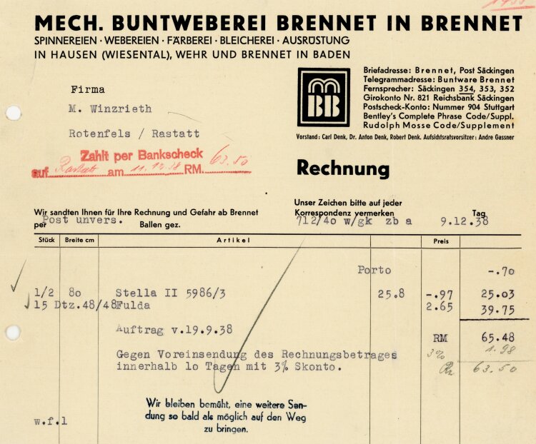 Mech. Buntweberei Brennet in Brennet  - Rechnung  - 08.11.1938