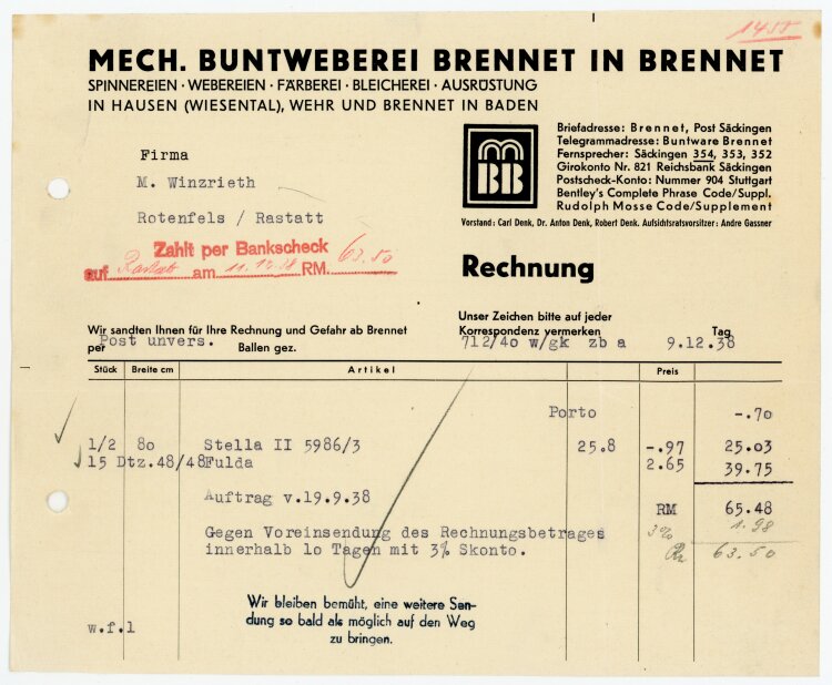 Mech. Buntweberei Brennet in Brennet  - Rechnung  - 08.11.1938
