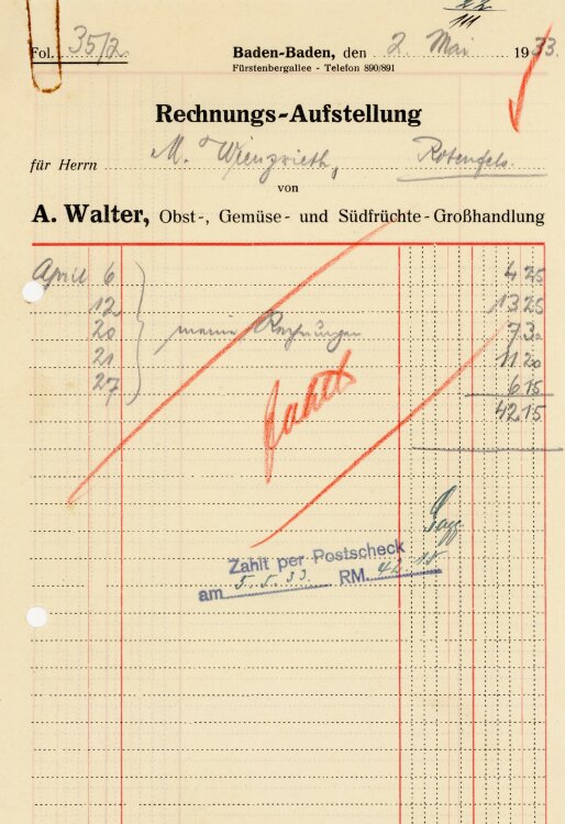 A. Walter, Obst-, Gemüse- und Südfrüchte-Großhandlung - Rechnung  - 02.05.1933