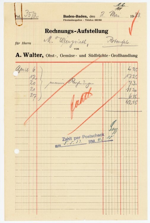 A. Walter, Obst-, Gemüse- und Südfrüchte-Großhandlung - Rechnung  - 02.05.1933