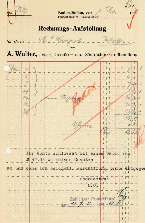A. Walter, Obst-, Gemüse- und Südfrüchte-Großhandlung  - Rechnung  - 01.07.1938