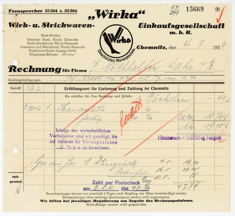 Wirka, Wirk- u. Strickwaren- Einkaufsgesellschaft m.b.H  - Rechnung  - 04.05.1933
