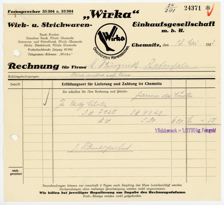 Wirka, Wirk- u. Strickwaren- Einkaufsgesellschaft m.b.H  - Rechnung  - 13.05.1933